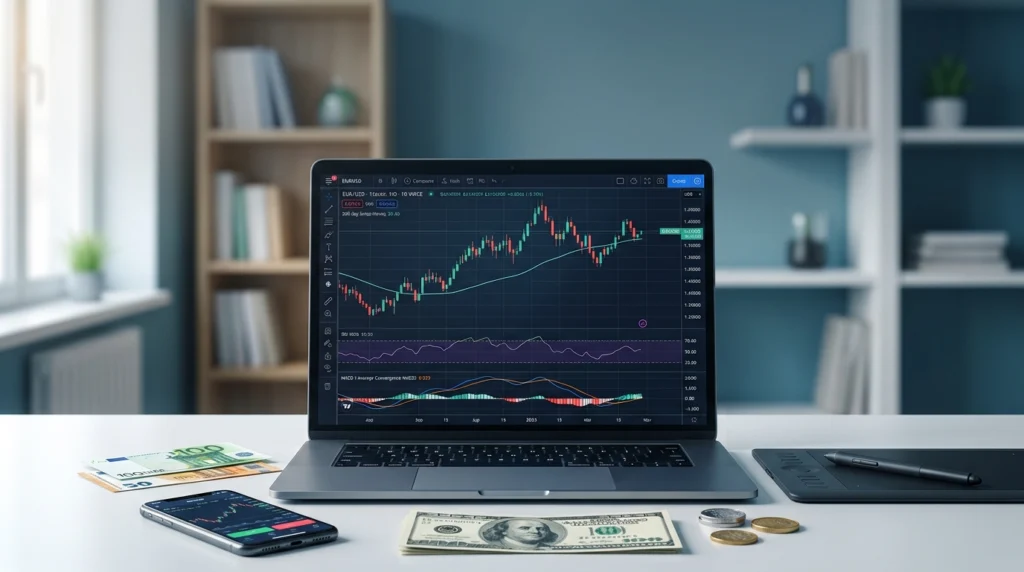نماي نزدیک از یک لپ‌تاپ روشن روی میز کار که نمودار شمعی جفت ارز EUR/USD را نمایش می‌دهد. در اطراف لپ‌تاپ، اسکناس‌های یورو و دلار، سکه، یک گوشی هوشمند با اپلیکیشن معاملاتی و یک تبلت گرافیکی قرار دارند. فضای پس‌زمینه یک اتاق کار مدرن با قفسه کتاب است